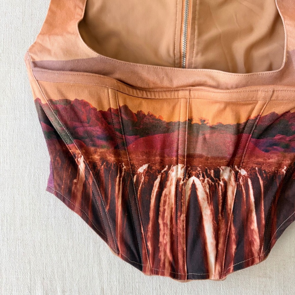 Miaou Campbell Oasis Corset Top Large Orange Desert Waterfall Landscape Boned - Picture 7 of 16